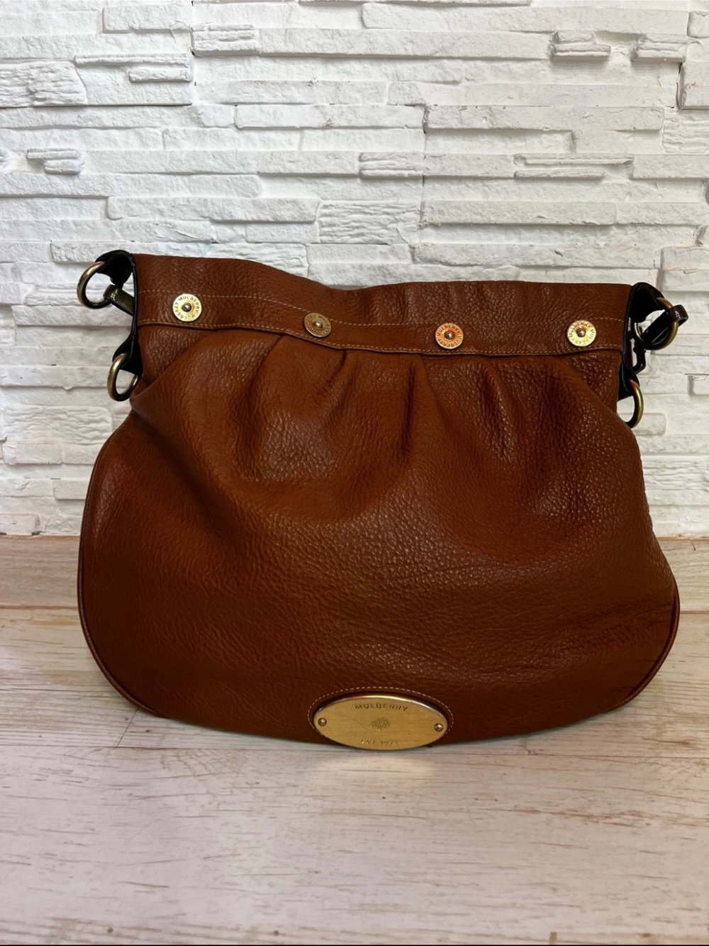 Mulberry Brown Pebbled Leather Shoulder Bag with Gold Plaque